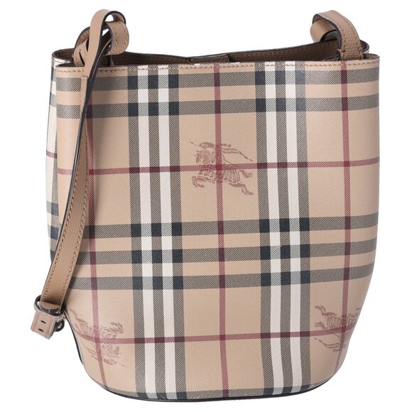 BURBERRY London England Check Bucket Bag Beige Multi Leather - Picture 1 of 9